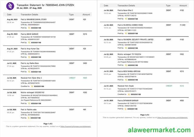 India PhonePe transaction statement Word and PDF template, 2 pages